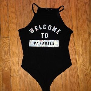 NWOT Black Bodysuit with Metallic Silver Lettering